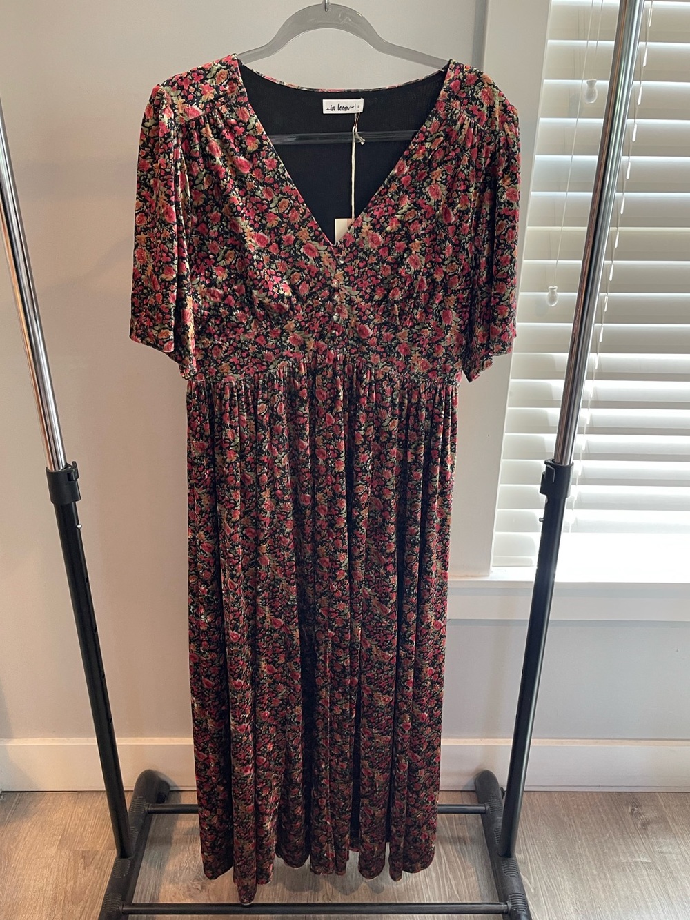 In Bloom Burgundy Floral Maxi Dress with Pink and Green Accents